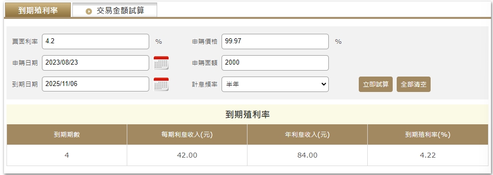 元富證券網站到期殖利率試算功能